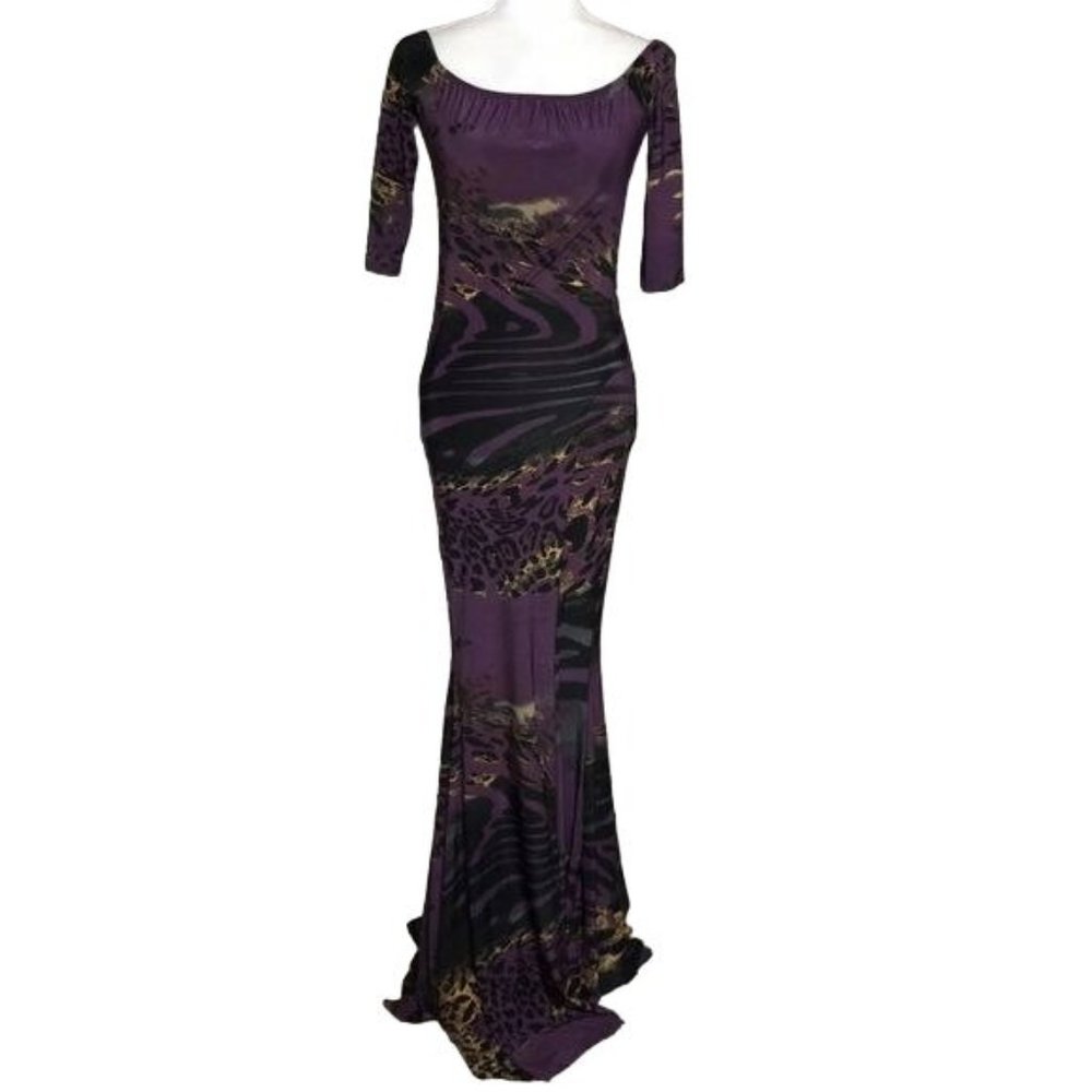 Ducci Watercolor Jersey Maxi Dress Purple Black Gold Size Large NWT